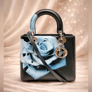 Authentic Christian Dior Lady Dior Blue Rose Print Leather Gold Hardware Bag